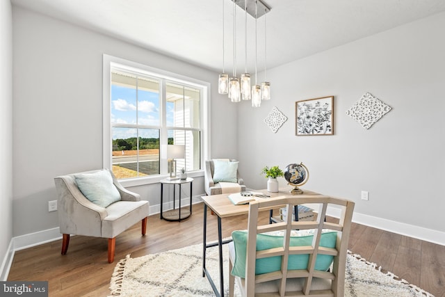 dining space featuring hardwood / wood-style flooring and a chandelier