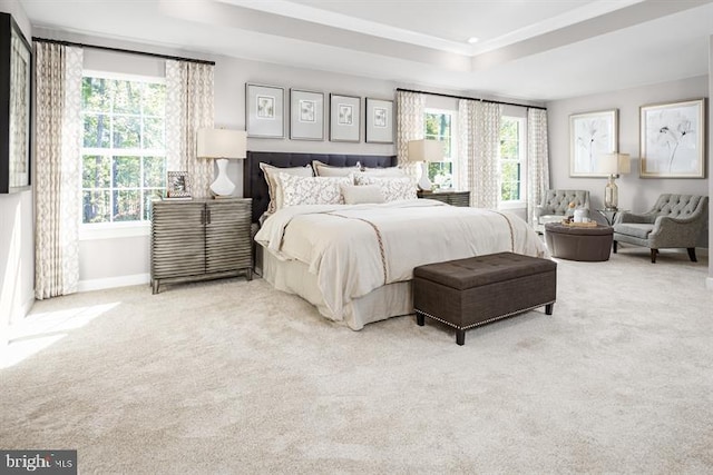 bedroom with light carpet, a tray ceiling, and multiple windows