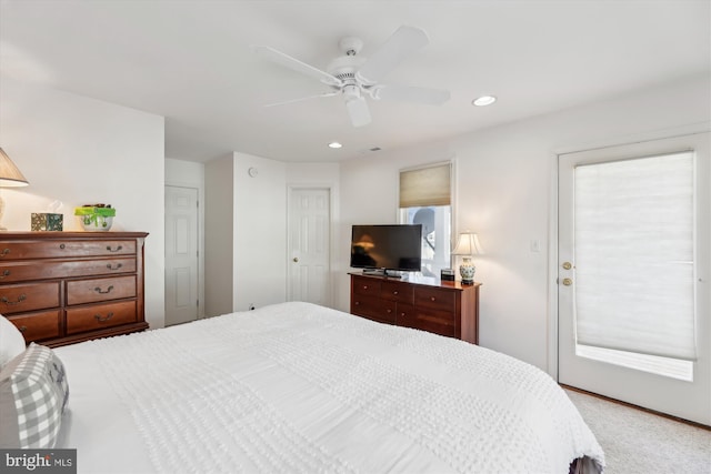 bedroom featuring ceiling fan and access to outside