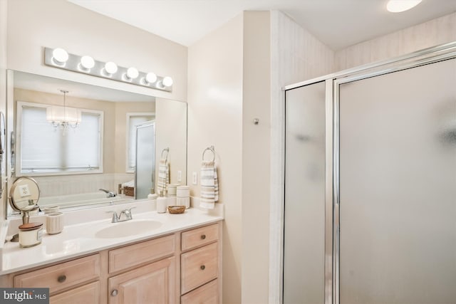 39281 Piney Dr Unit 55115, Bethany Beach, DE 19930 - full bath featuring a notable chandelier, a shower stall, and vanity