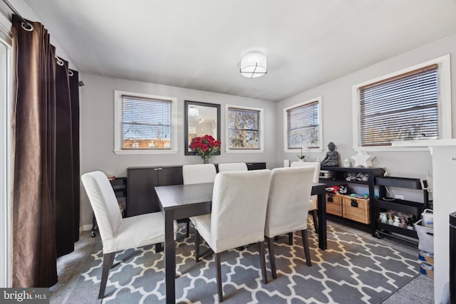 dining space with carpet flooring