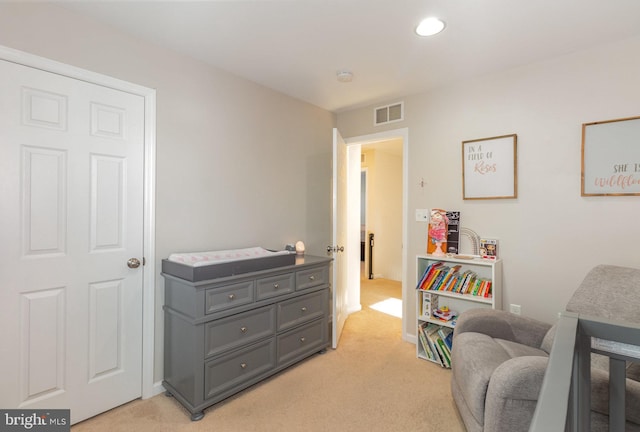 living area with light colored carpet