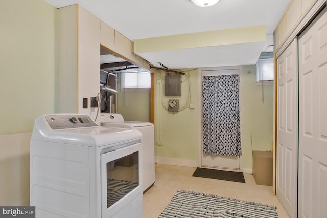 laundry room featuring electric panel and washer and clothes dryer