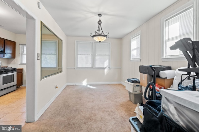 misc room with light carpet and wood walls