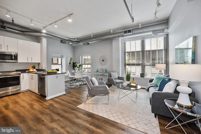 interior space featuring a towering ceiling, dark hardwood / wood-style flooring, and sink