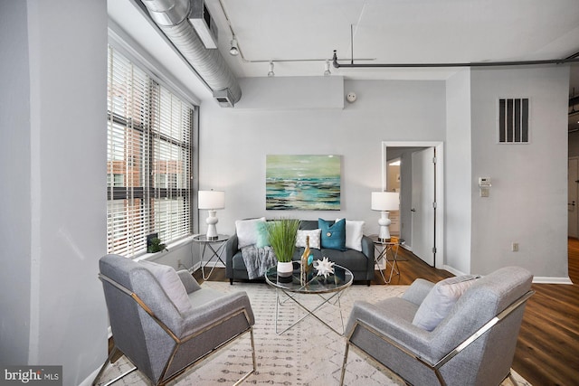 living room with a wealth of natural light, hardwood / wood-style floors, and track lighting