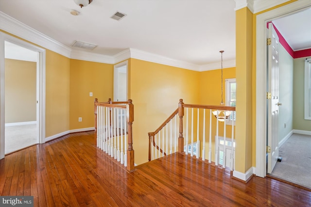 hall with wood-type flooring, an inviting chandelier, and crown molding