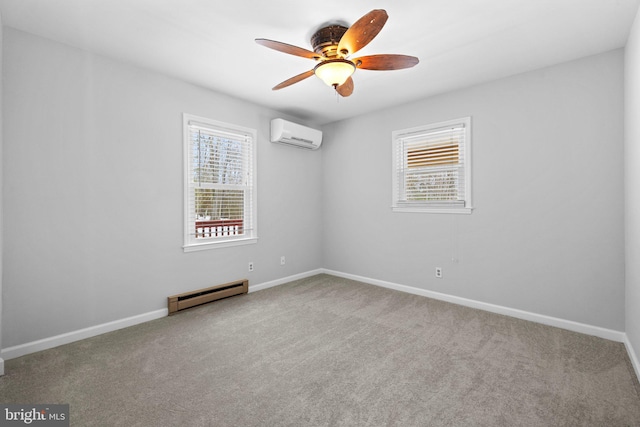 unfurnished room with ceiling fan, carpet flooring, an AC wall unit, and a baseboard heating unit