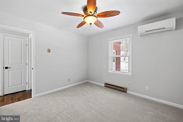 carpeted spare room with a baseboard radiator, a wall mounted AC, and ceiling fan