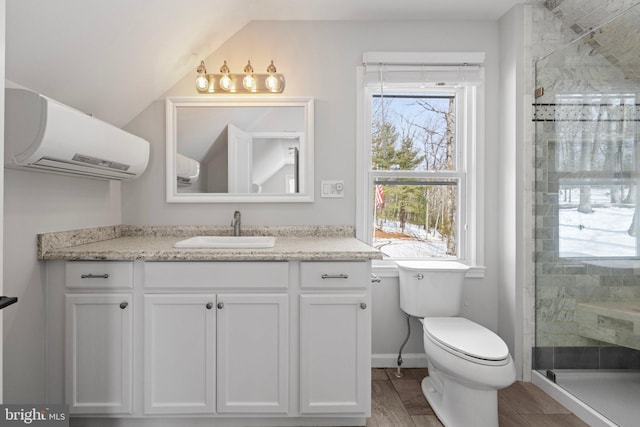 bathroom featuring vanity, a shower with shower door, and toilet