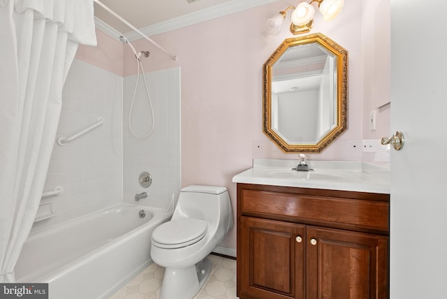 full bathroom featuring toilet, ornamental molding, shower / bath combination with curtain, and vanity