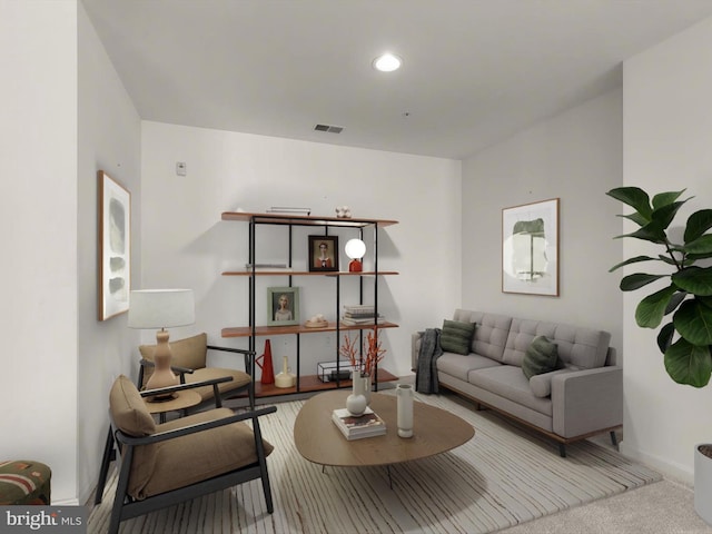 carpeted living area with recessed lighting, baseboards, and visible vents