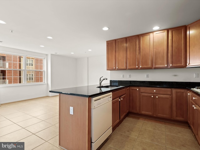 kitchen featuring a peninsula, light tile patterned flooring, recessed lighting, a sink, and dishwasher