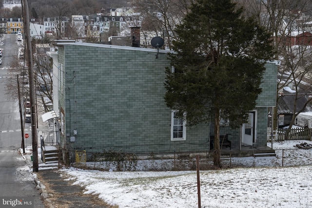 view of snow covered exterior