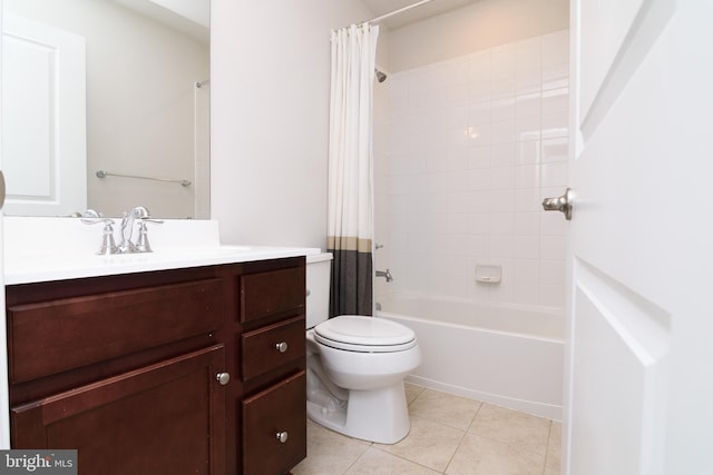 full bathroom featuring toilet, shower / tub combo, tile patterned flooring, and vanity