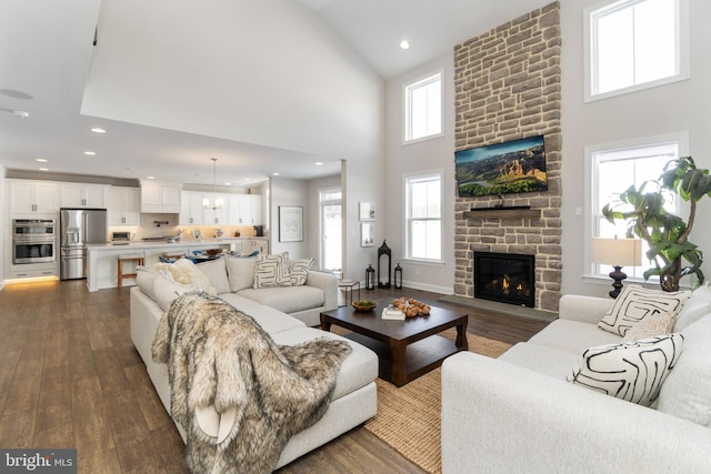 living room with a fireplace, a high ceiling, and dark hardwood / wood-style flooring