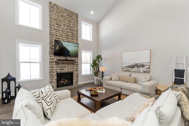 living room with hardwood / wood-style floors, high vaulted ceiling, and a stone fireplace