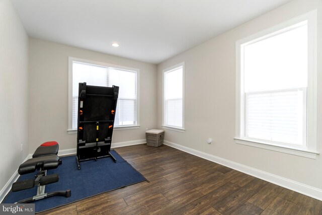 exercise room with dark hardwood / wood-style floors