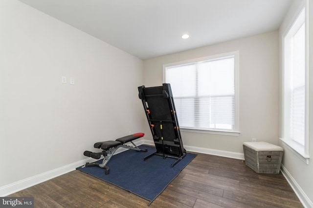 exercise room featuring dark wood-type flooring