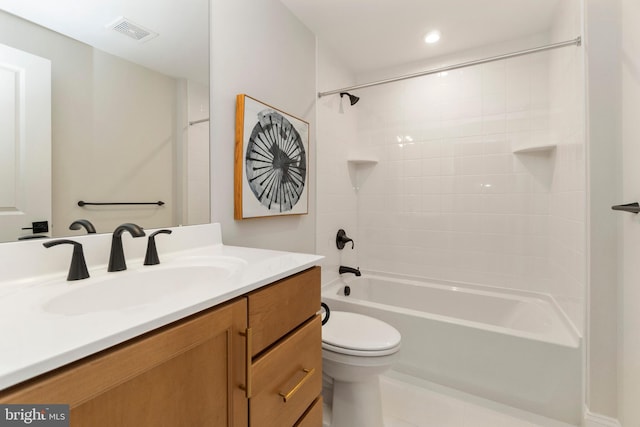 full bathroom with vanity, shower / bathtub combination, and toilet