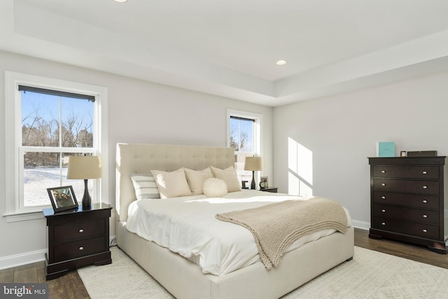 bedroom featuring wood-type flooring and a tray ceiling