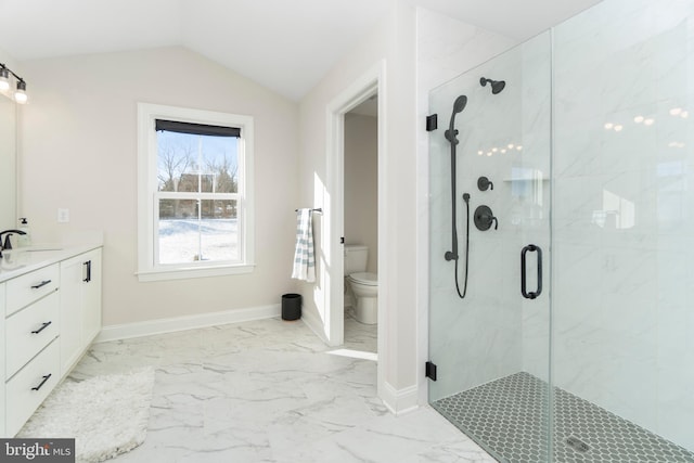 bathroom featuring vanity, toilet, lofted ceiling, and a shower with shower door