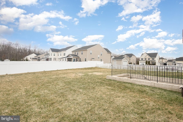 view of yard featuring a fenced backyard and a residential view