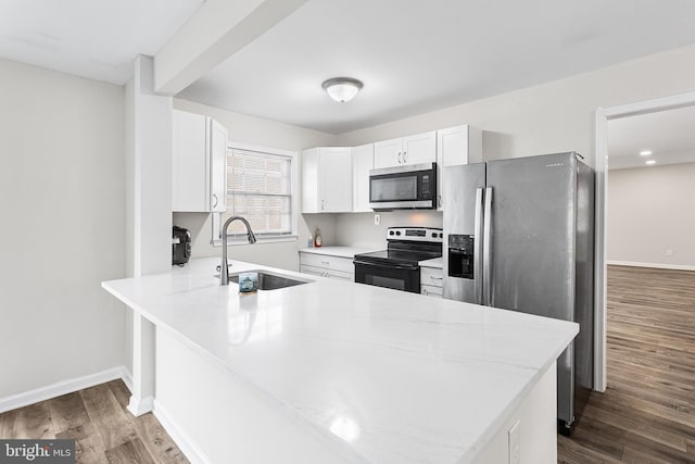 kitchen featuring kitchen peninsula, appliances with stainless steel finishes, sink, white cabinets, and dark hardwood / wood-style floors