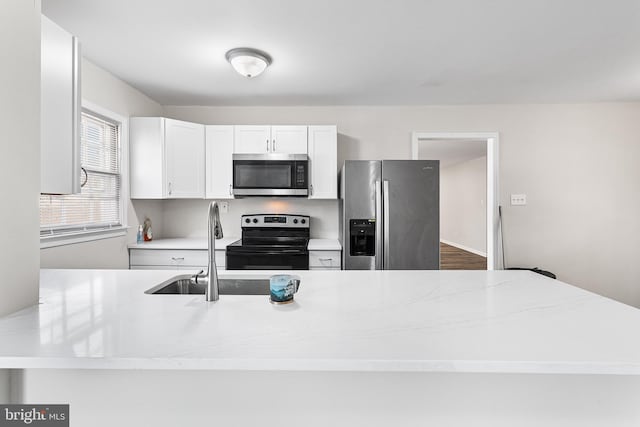 kitchen featuring kitchen peninsula, sink, white cabinets, and stainless steel appliances