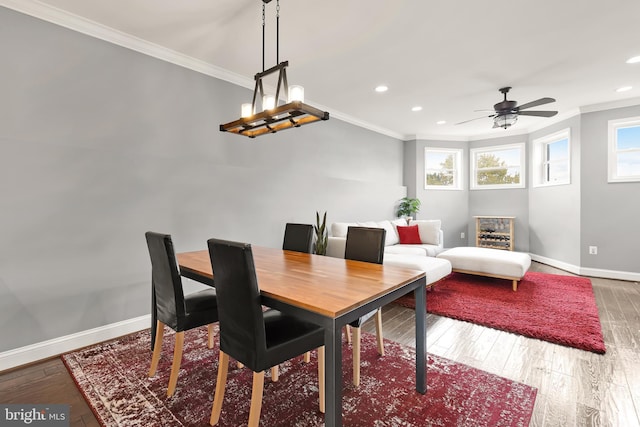 dining room featuring crown molding, hardwood / wood-style floors, and ceiling fan with notable chandelier