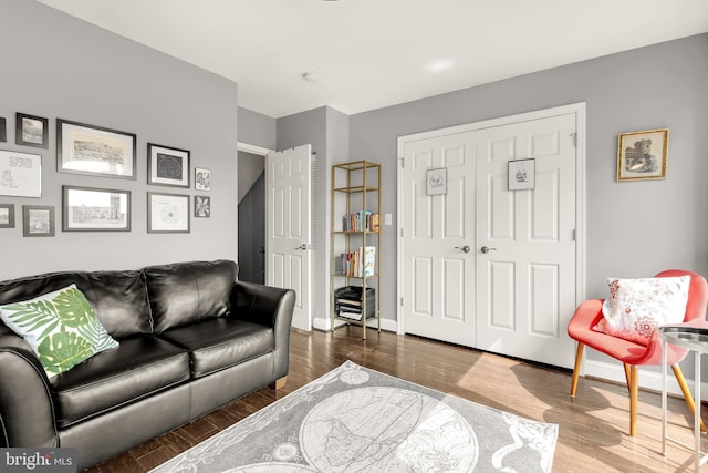 living room with dark hardwood / wood-style flooring