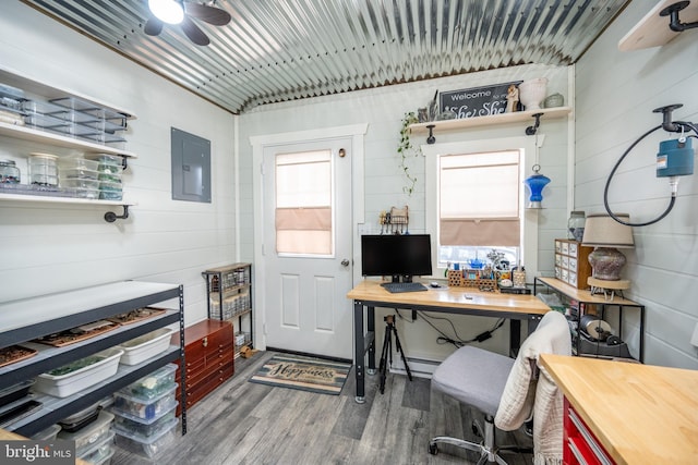 office featuring ceiling fan, electric panel, wood-type flooring, and wooden walls