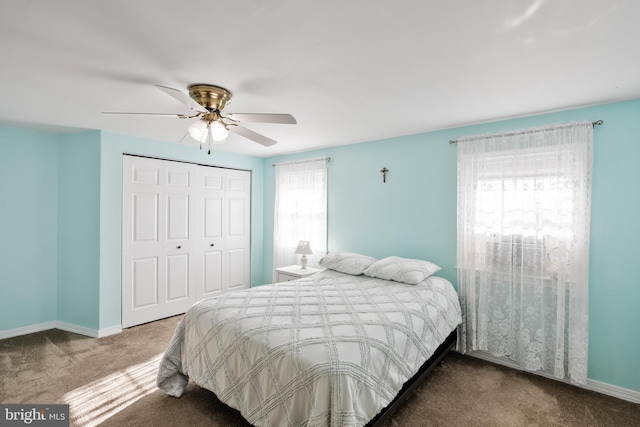 bedroom featuring carpet, a closet, and ceiling fan