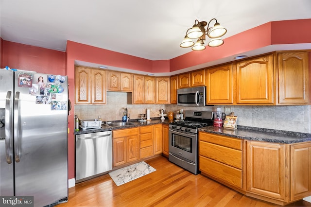 kitchen with light wood-type flooring, sink, appliances with stainless steel finishes, and tasteful backsplash