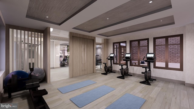 8551 Connecticut Ave Unit 210, Chevy Chase, MD 20815 - workout area featuring a tray ceiling, wood ceiling, and light wood-type flooring