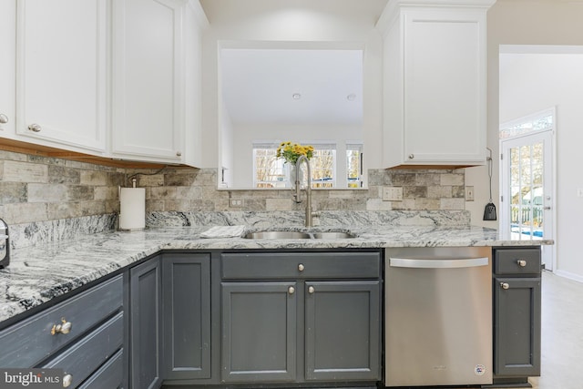 kitchen featuring stainless steel dishwasher, white cabinetry, and sink