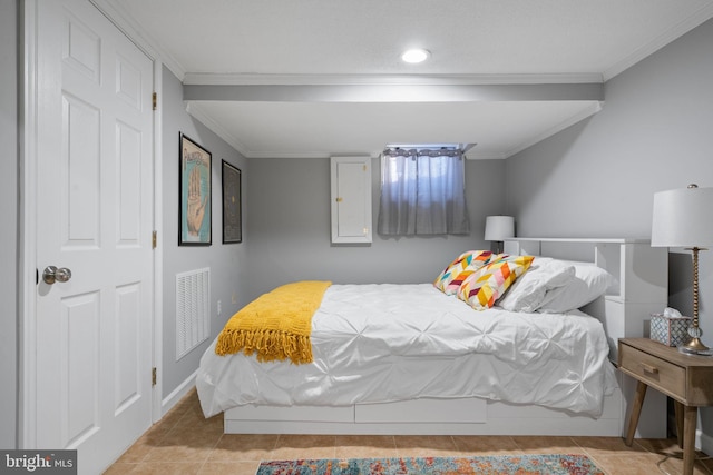 tiled bedroom with crown molding