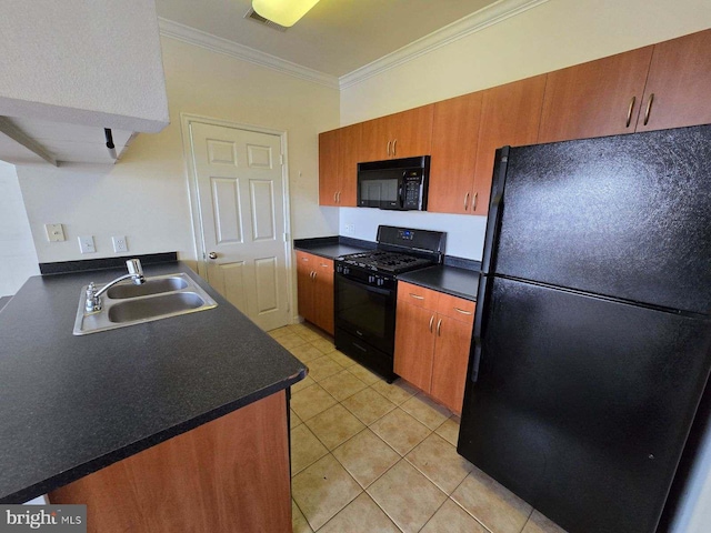 kitchen featuring crown molding, sink, light tile patterned floors, and black appliances