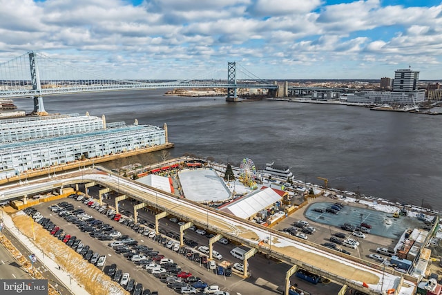 birds eye view of property featuring a water view