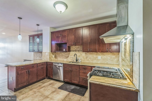 kitchen featuring decorative backsplash, kitchen peninsula, stainless steel dishwasher, wall chimney exhaust hood, and pendant lighting