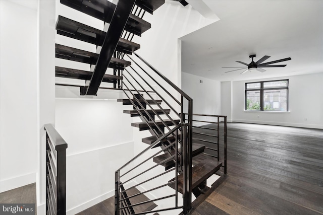 stairs featuring hardwood / wood-style floors and ceiling fan