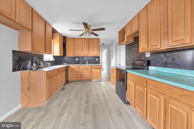 kitchen featuring ceiling fan, backsplash, electric range, stainless steel dishwasher, and light wood-type flooring