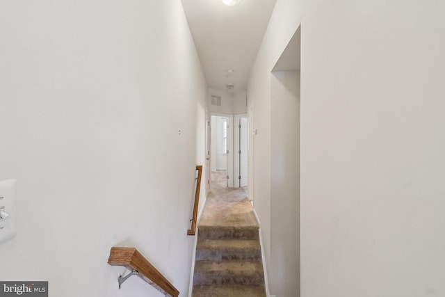 hallway featuring light colored carpet