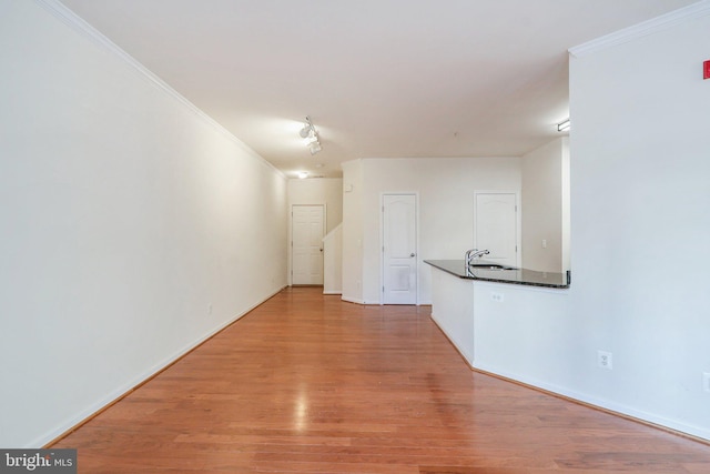 unfurnished living room featuring hardwood / wood-style floors, crown molding, and sink