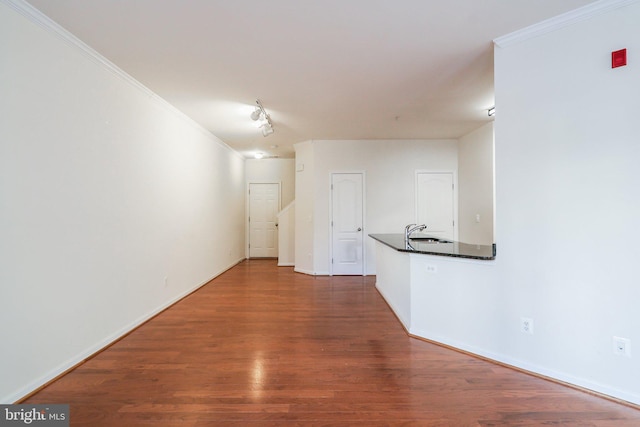 hallway with crown molding, sink, wood-type flooring, and track lighting