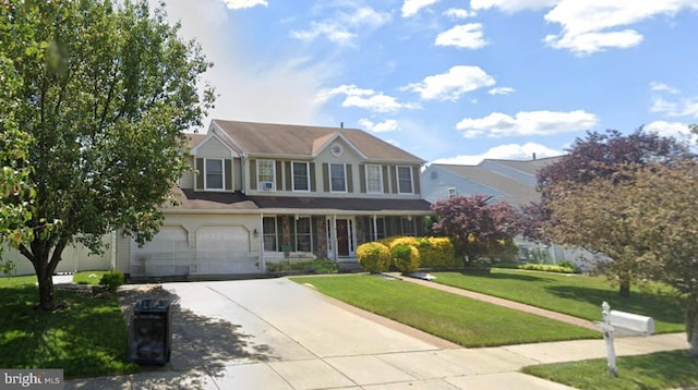 view of front of home with a front yard and a garage