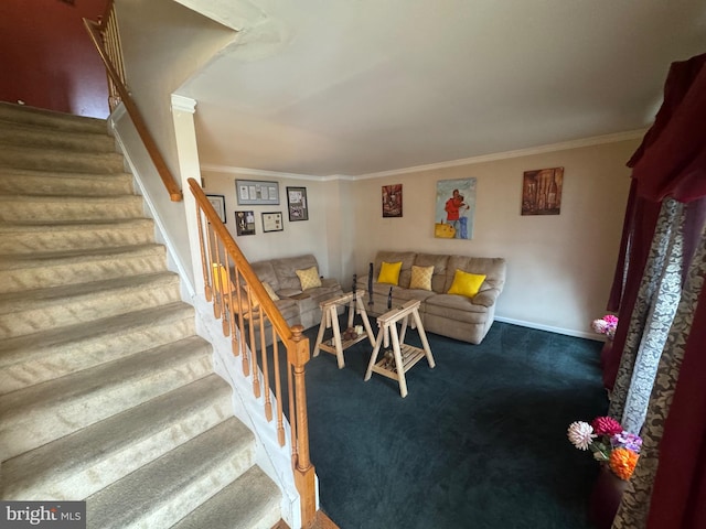 living room with dark carpet and ornamental molding