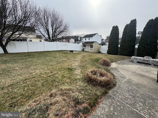 view of yard featuring a patio area and a storage unit