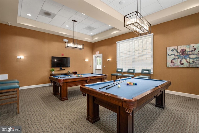 game room featuring billiards, a tray ceiling, and carpet flooring