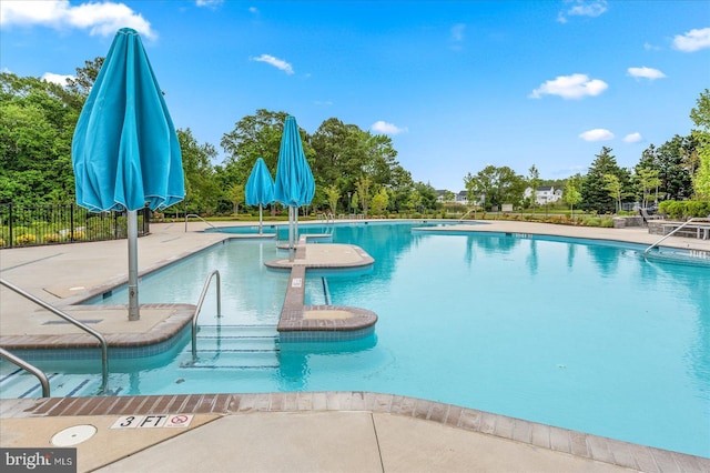 view of swimming pool featuring a patio